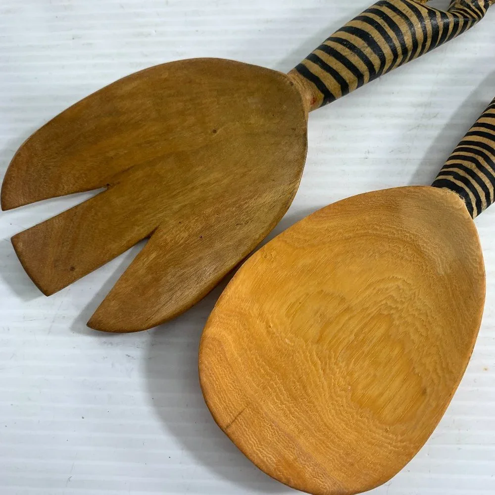 Wooden Hand Carved Kenya Zebra Salad Servers Tongs Spoon Fork African Art Wood